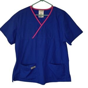 3/$20 Urbane Scrubs Blue Short Sleeve Scrub Top with Pink Trim